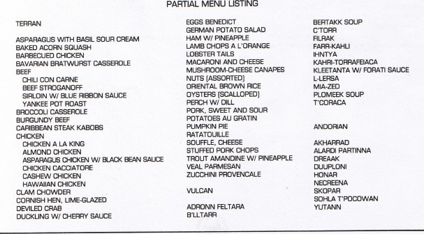 Partial menu listing, including a list of Terran foods, Vulcan foods, and Andorian foods. 