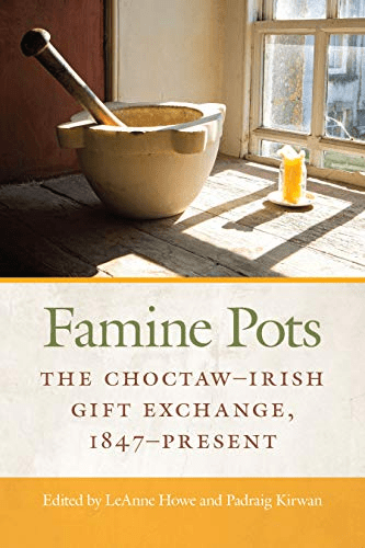 Book cover of Famine Pots, featuring an image of a mortar and pestle by a window. 