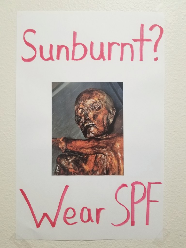 Central image is of a burned human body with text reading Sunburnt? Wear SPF. 
