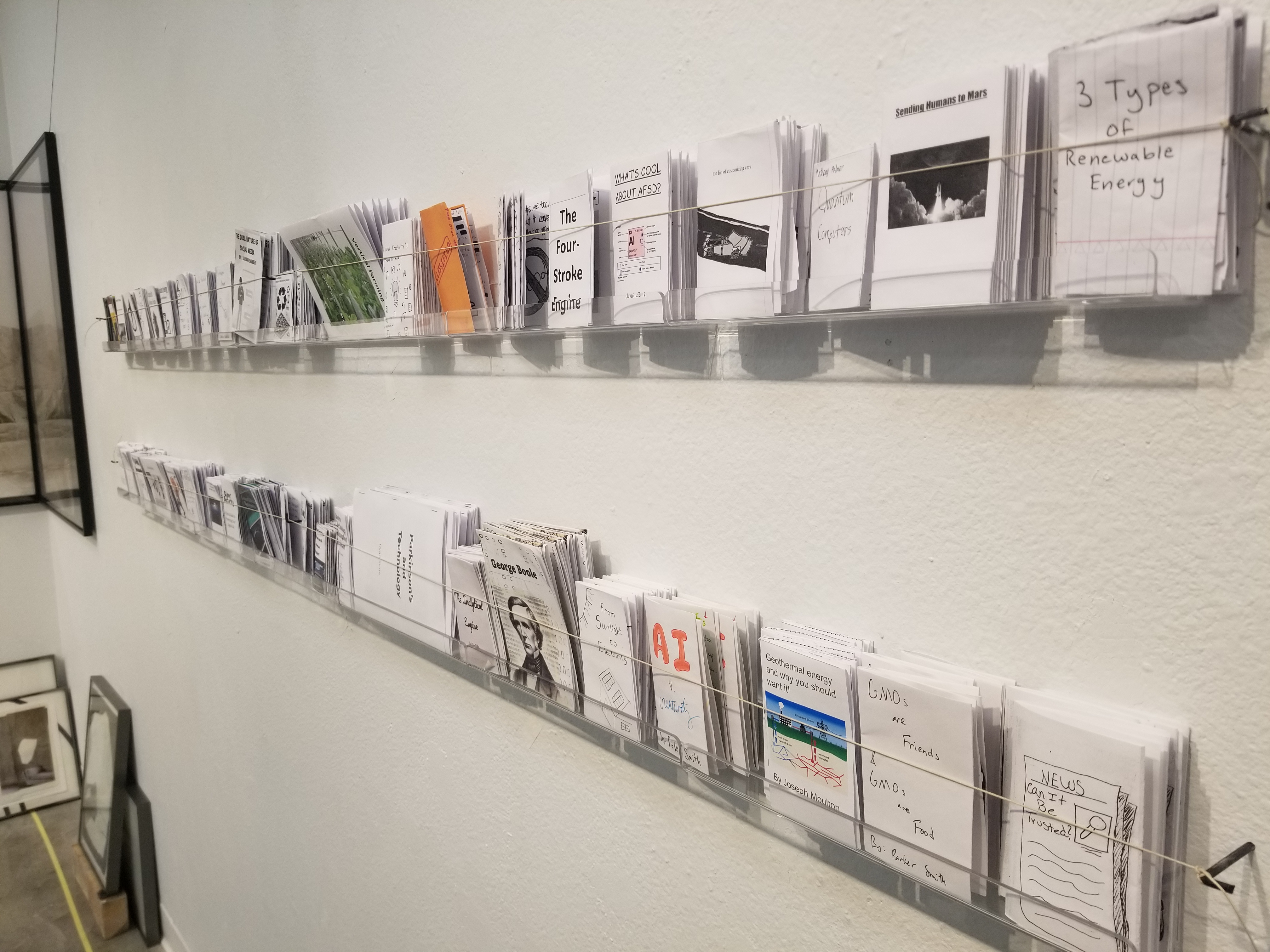 Rows of zines on the wall.