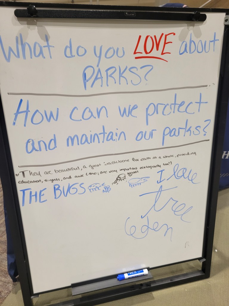 Whiteboard with the question What do you LOVE about parks? at the top. Answers focus on beauty and education, bugs, and trees. 