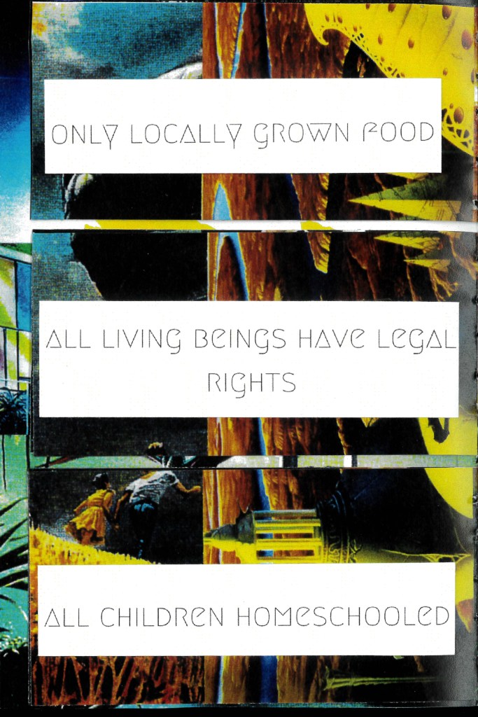 A selection of options from the flip-flap pages: only locally grown food, all living beings have equal rights, and all children homeschooled.