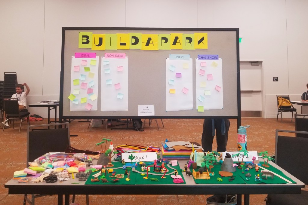 The Build-A-Park presentation features a table in front covered in felt, toy animals, and various park elements constructed from clay, paper, and pipe cleaners. In the back is the standing bulletin board with the title of the presentation and four sheets for ideas about ideal and non-ideal parks, their users, and their challenges. 